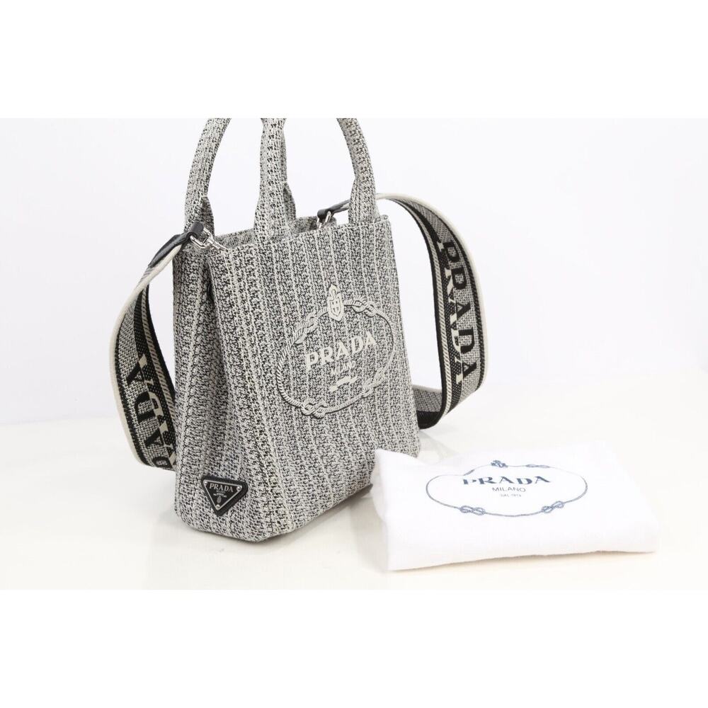 Prada Ricamo Jacquard Logo Embroidered Black Talco Leather Tote Shoulder Bag
